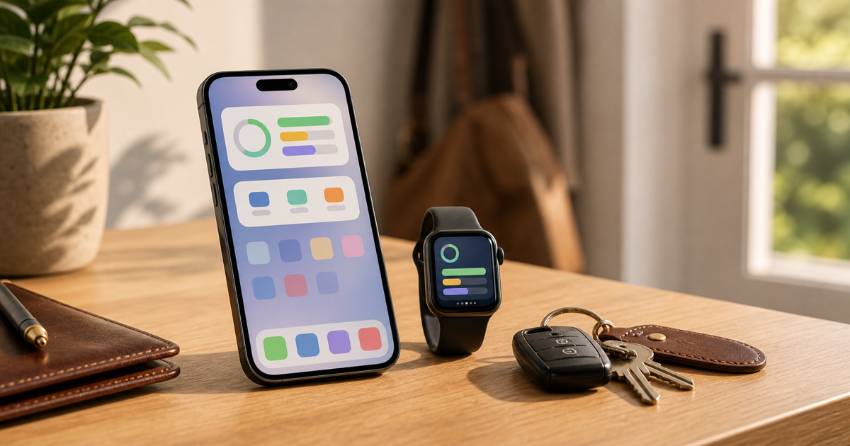 Phone widget and Apple Watch arranged for a quick money check before leaving.