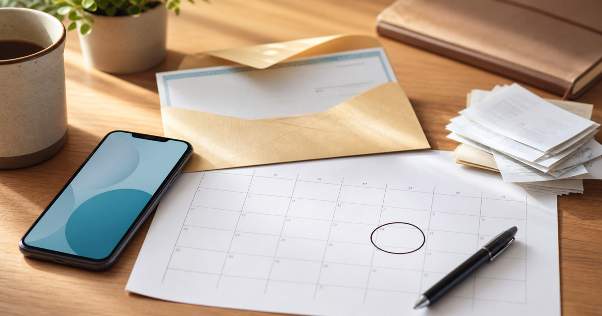 Phone, paycheck envelope, calendar, and receipts arranged for checking payday timing.