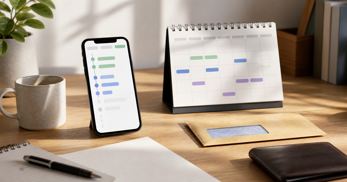 Phone and calendar blocks showing a recurring income planning setup.