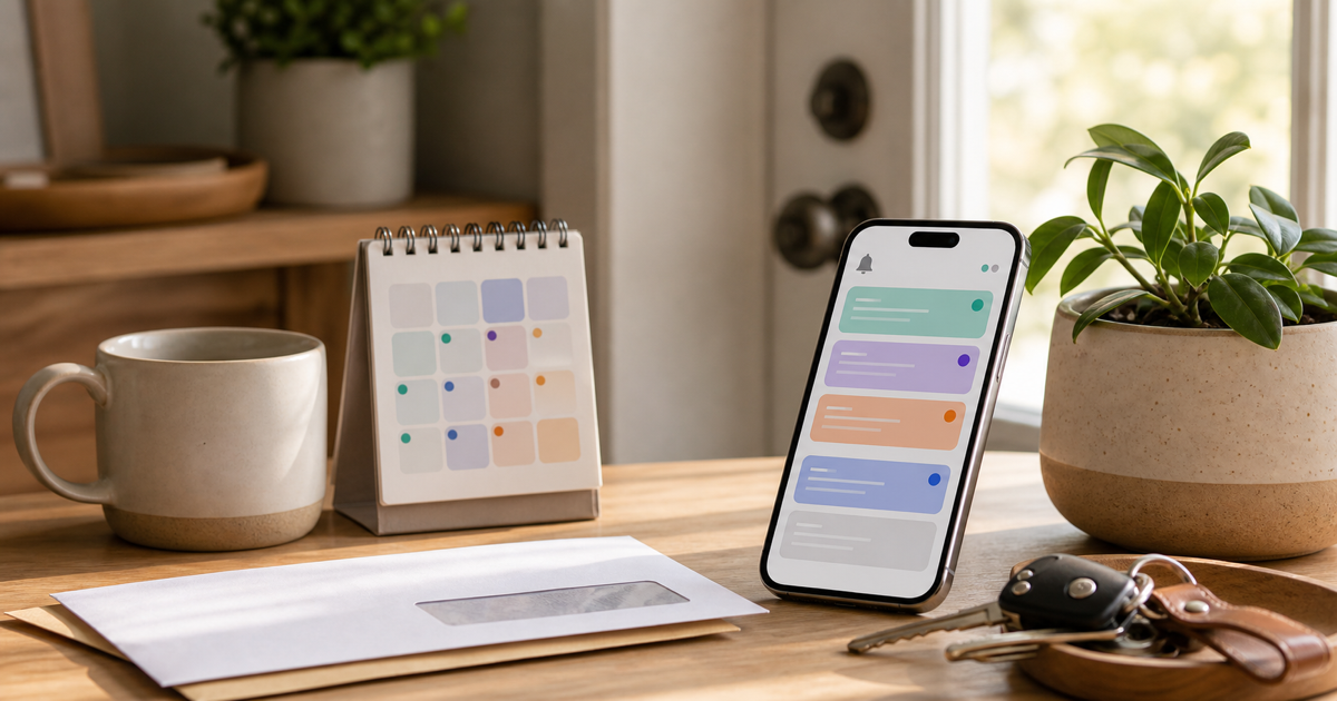 Phone reminder cards beside a bill envelope and small calendar.