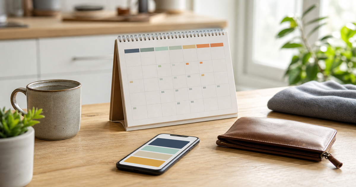 Keys, phone, wallet, and coffee cup on an entryway table before a small purchase decision.