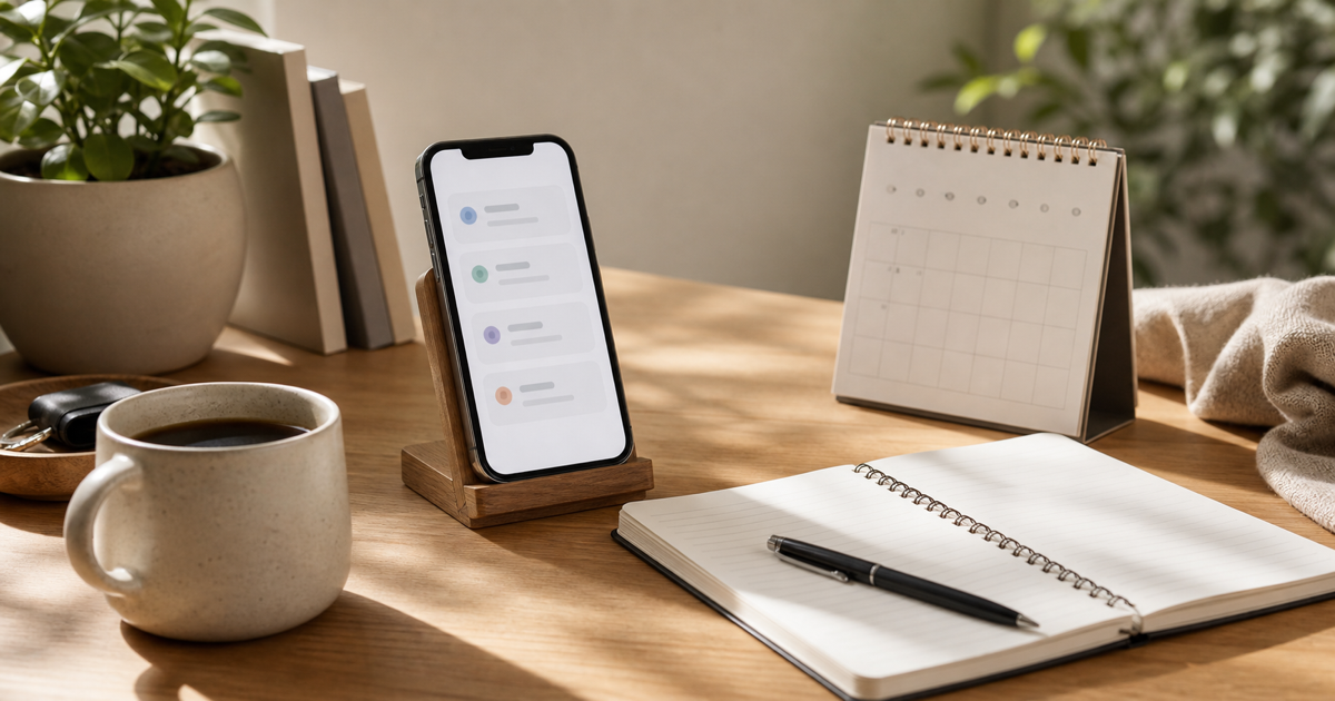 Desk setup for a short weekly money check with phone, notebook, and coffee.